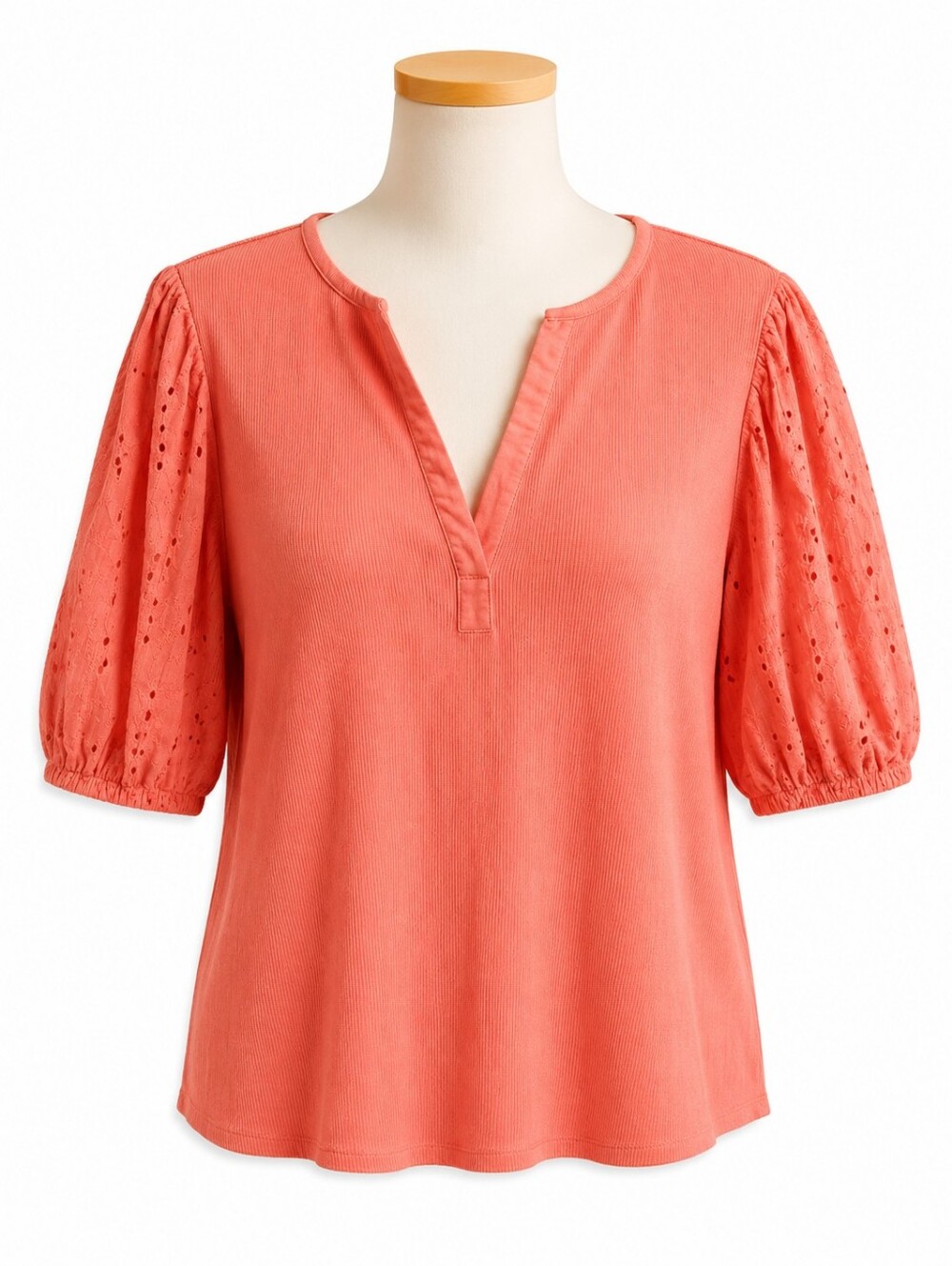 Dolan Coral Orange Ribbed Eyelet Puffed  Sleeve Top Sz M/L Casual Summer Beach
